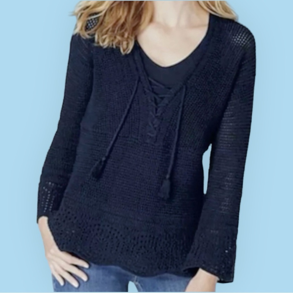 J.Jill Open Knit Crochet Cotton V-Neck Sweater Women’s S (6/8) Navy Blue